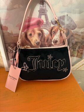 Juicy Couture Black Velvet Mini Bag with Pink Trim NWT